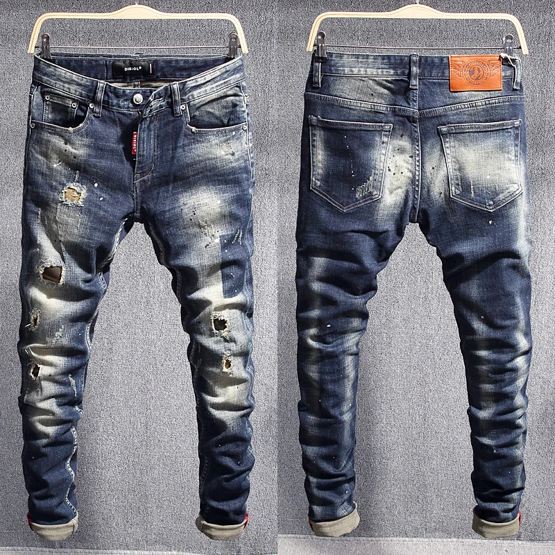 jeans men ripped skinny jeans blue pencil pants motorcycle party casual trousers street clothing 2021 denim man clothin Street Fashion Men Jeans Retro Black Blue Stretch Slim Ripped Jeans Men Hole Trousers Vintage Designer Casual Denim Pants Hombre