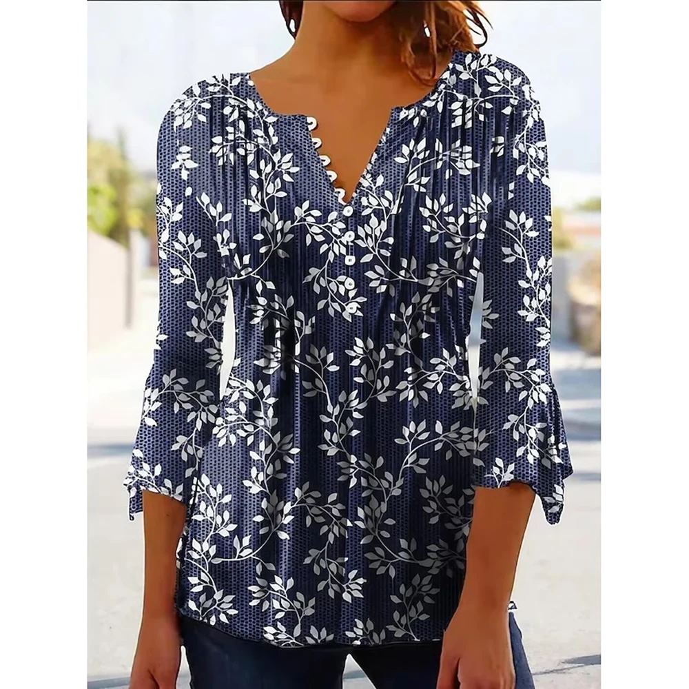 

V-Neck T-Shirts For Women 3d Flower Print Tops Tees Casual Street Femalewear Summer Fashion Oversized T-Shirt Lady Y2k Clothing