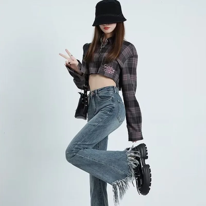 Women's Spring And Autumn New Vintage Blue Tassel Elastic High Waist Slim Horseshoe Pants With Rugged Edge Micro Horn Jeans