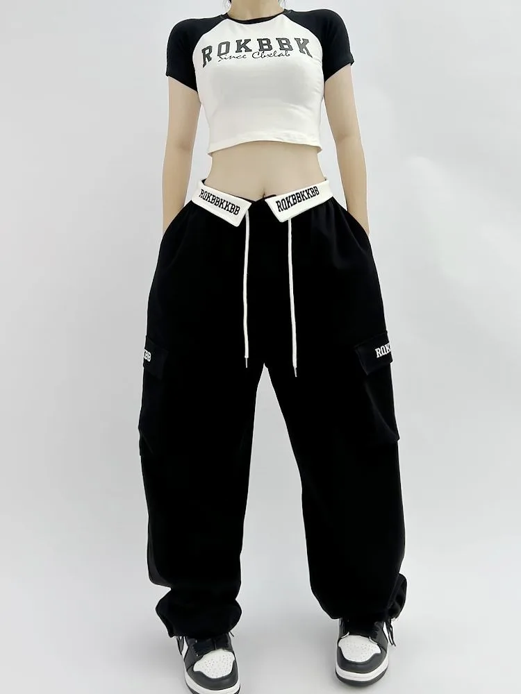 HOUZHOU Hippie Korean Style Black Cargo Pants Women Y2K Gyaru Harajuku Oversize Baggy Sweatpants Kpop Grey Wide Trousers Casual
