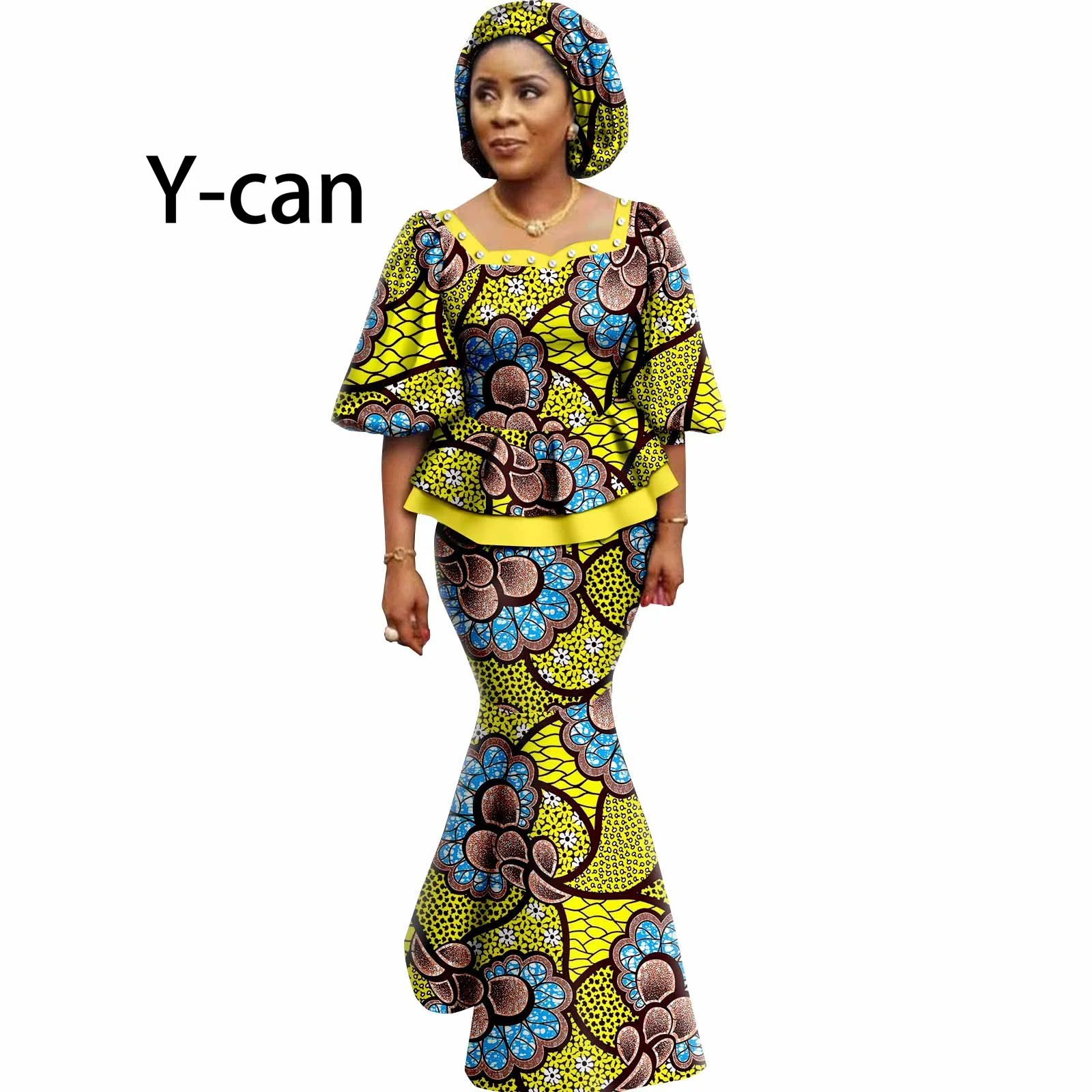 African Women 2 Piece Set Dashiki Draped Puff Sleeve Printed Top with Mermaid Skirt with HeadWrap Date Evening Event Y2226005
