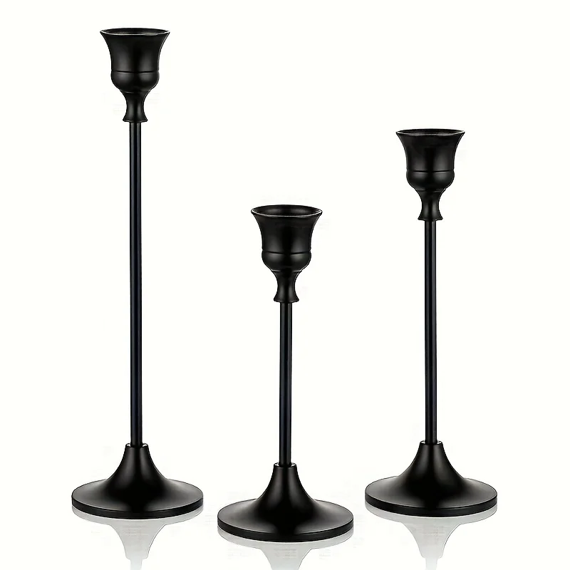 Set of 3 Romantic Metal Candle Holders-Matte Black Decorative Candle Bases for Christmas, Halloween, Easter