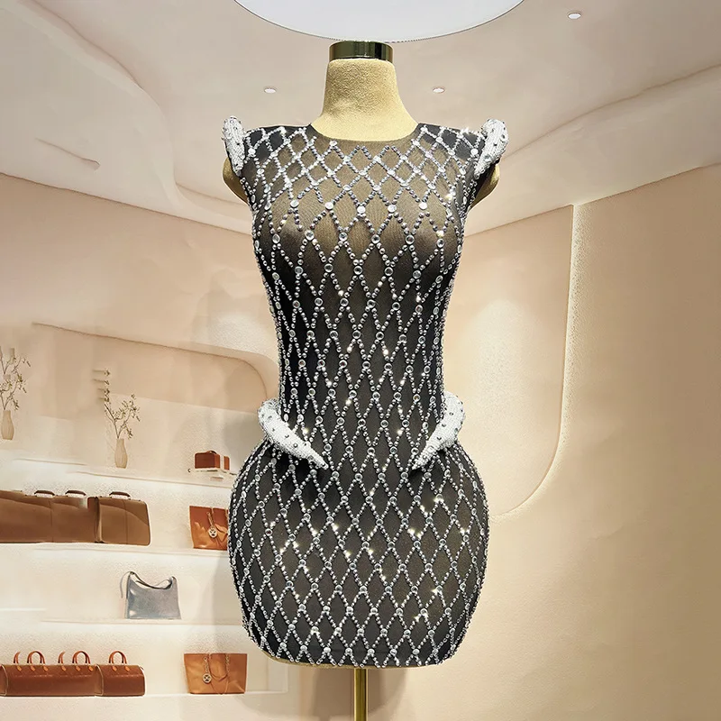 

Sparkling Rhinestone Tassel Sexy Sleeveless Sheath Mini Dress Body Chains Evening Party Costume Club Night Body Jewelry