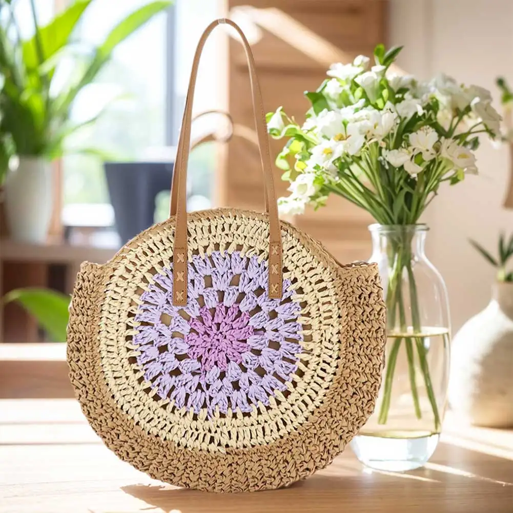Stylish Round Beach Shoulder Bag with Zipper Closure Eco-Friendly Summer Straw Tote for Women and Girls