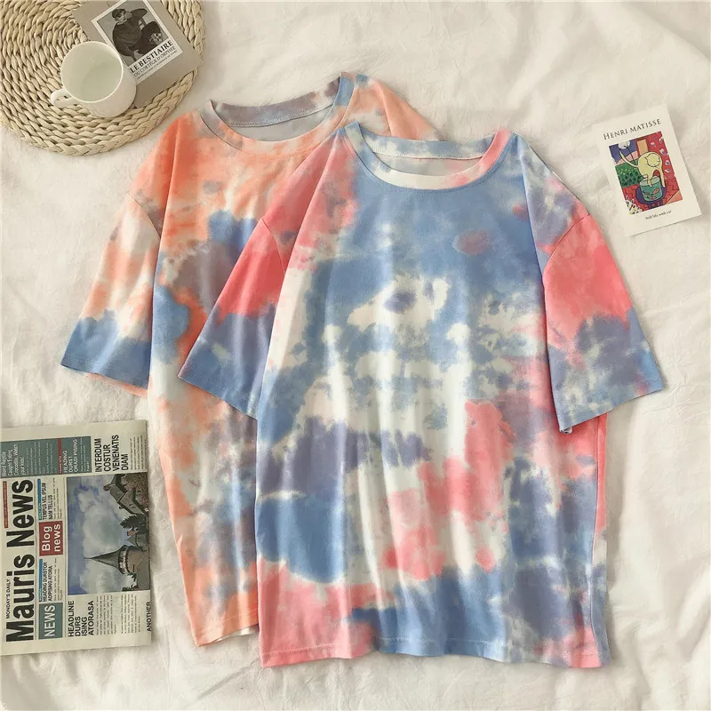

E13 Short Sleeve T-shirts Women Tie-dye O-neck Chic Plus Size Oversize Tees Teens High Tops