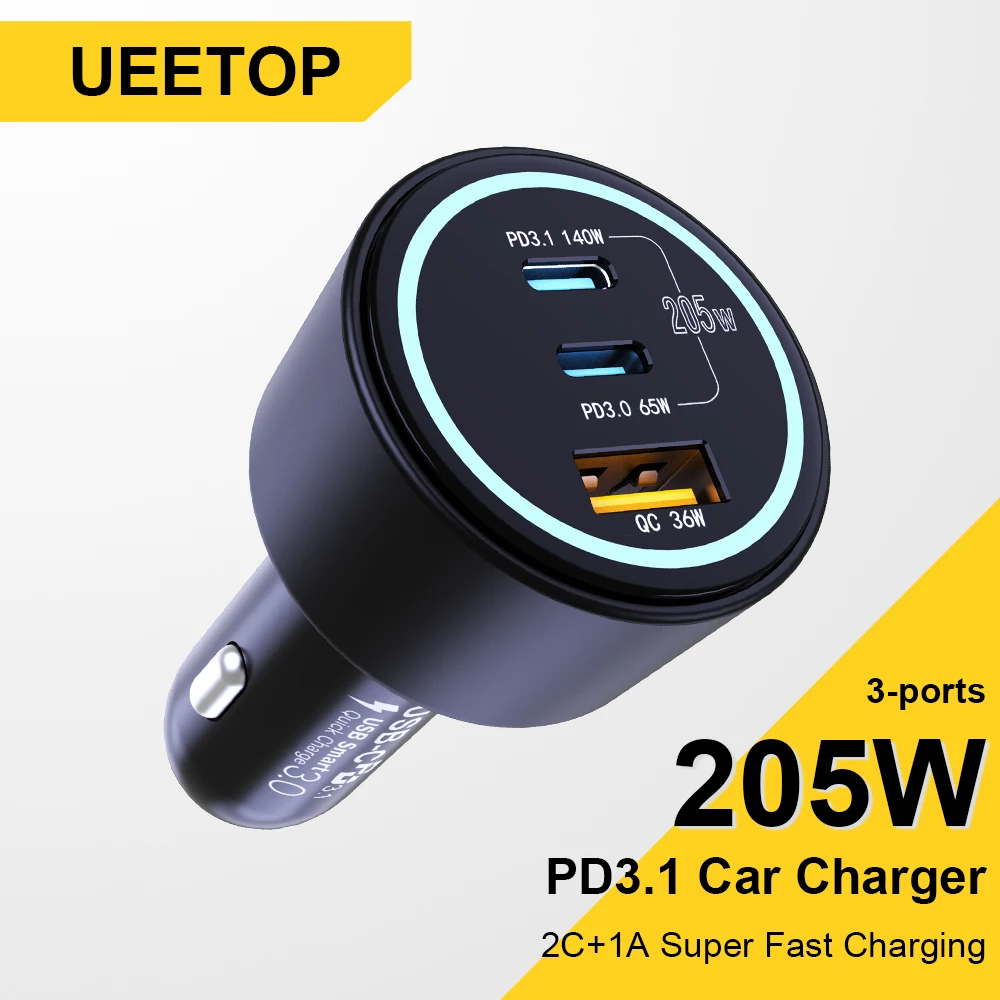 205W Car Charger Car Phone Charger Phone Charger Quick Charge 4.0 PPS 45W PD3.1 140W Fast Charging USB C For MacBook iPhone 16 Samsung