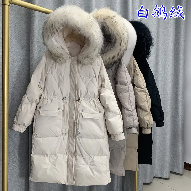 Mid Length Down Jacket with Plush Collar for Women's Knee Length Thick Drawstring Insulation Jacket цена и фото