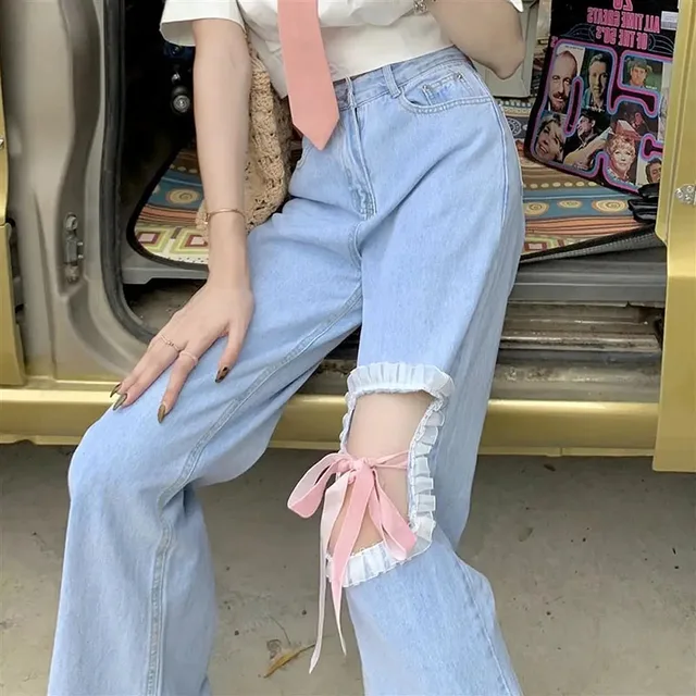 Hole Lace-Up Jeans for Women Korean High Waist Ruffles Wide Leg Pants Woman Spring Summer Sweet Loose Denim Trousers