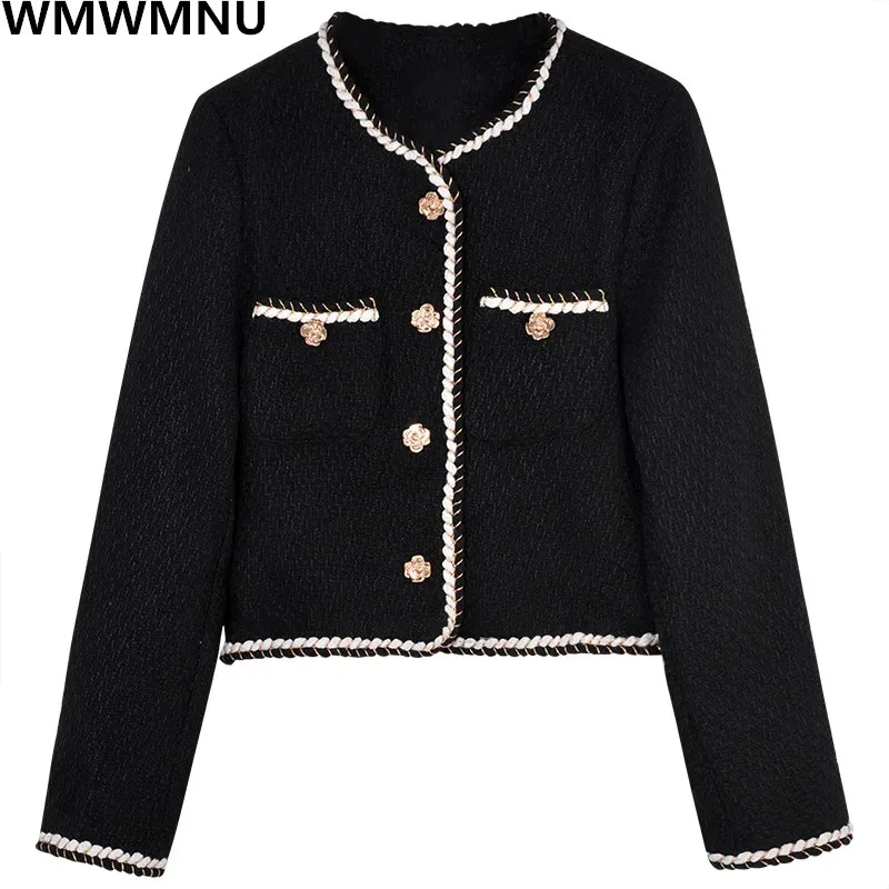 

Women Woolend Tweed Slim Short Jacket Vintage Chic Causal Jaquetas Korean Wool Blend Coat Streetwear Elegant Chaquetas Bomber