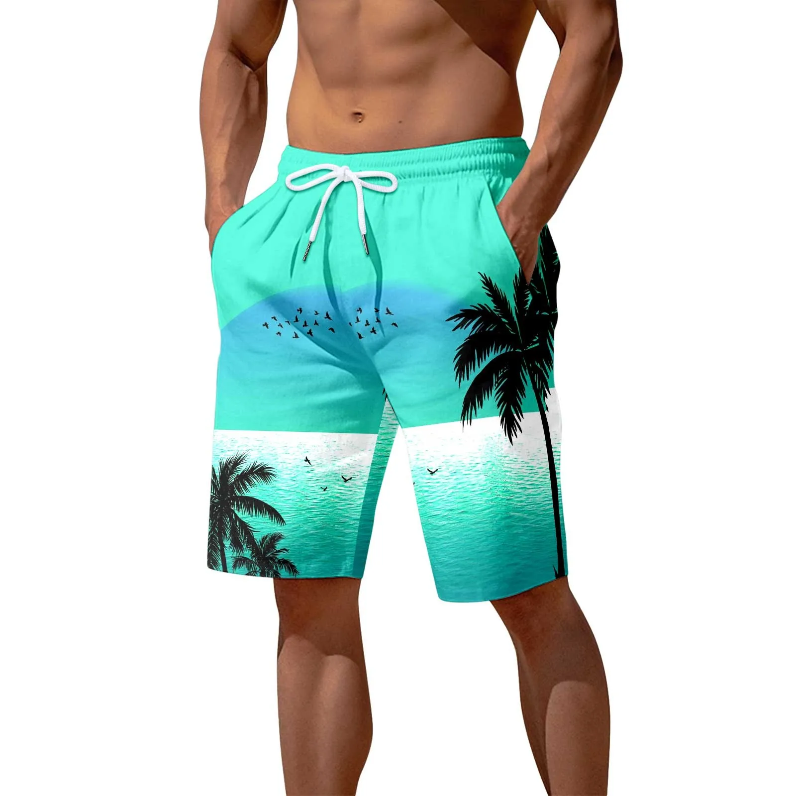 

Mens Beach Pants 3D Printed Seaside Coconut Tree Sunset Printed Beach Pants Casual Shorts