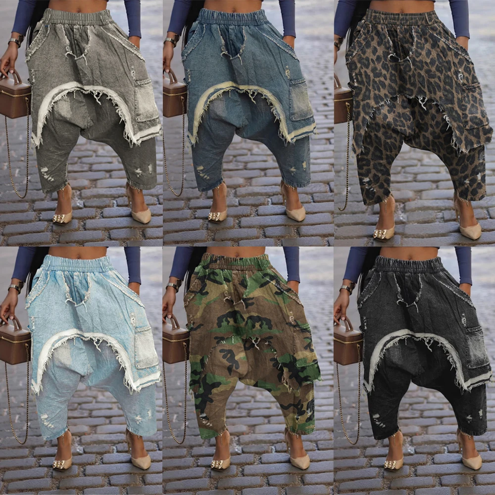 2025 Fall Winter Women Streetwear Trendy Ripped Out Hole Denim Pants Loose Safari Style Elastic Waist Cargo Hip Hop Harem Jeans 1