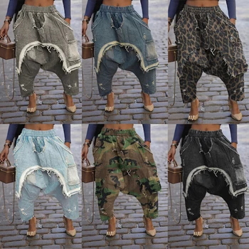 2025 Fall Winter Women Streetwear Trendy Ripped Out Hole Denim Pants Loose Safari Style Elastic Waist Cargo Hip Hop Harem Jeans 1