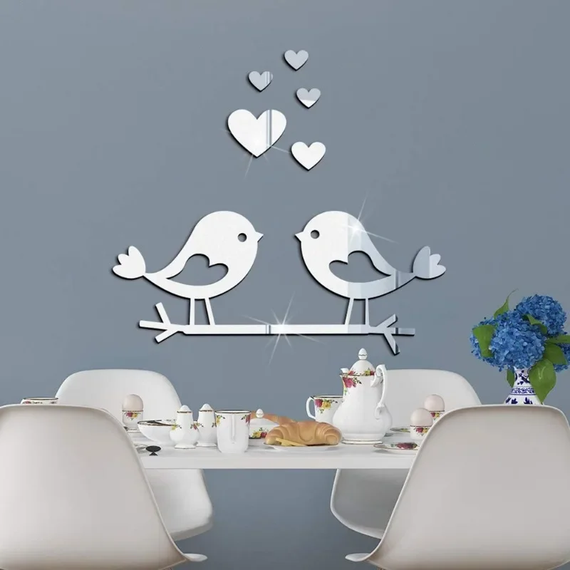 Loving Birds Mirror Wall Sticker Love shape Acrylic Wall Decals 3D Waterproof Self adhesive Sticker For DIY Valentine Day