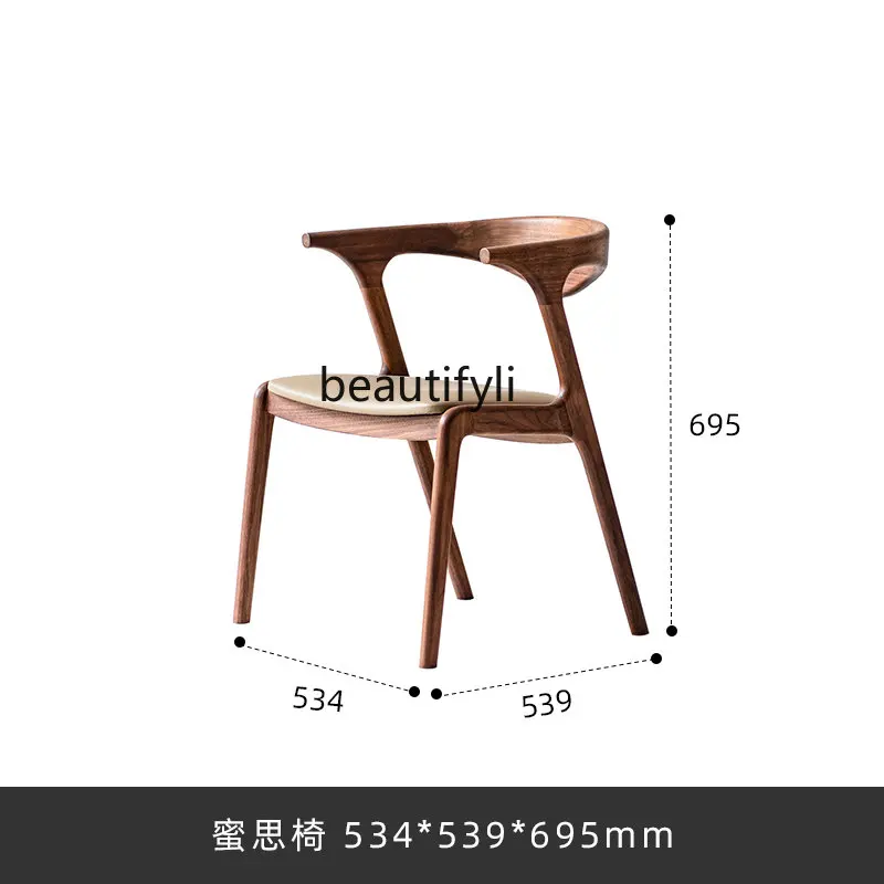 

Dining Chair Solid Wood Chair Cushion Strap Armrest Nordic Cowhide Black Walnut Modern Simple Home