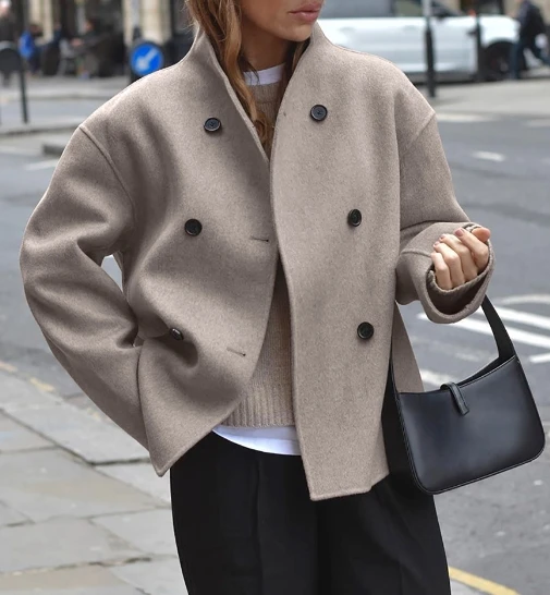 

Women's Coat 2023 Fashion Brown French Style V-Neck Double Breasted Woolen Coat Autumn and Winter Long Sleeved Loose Short Coat