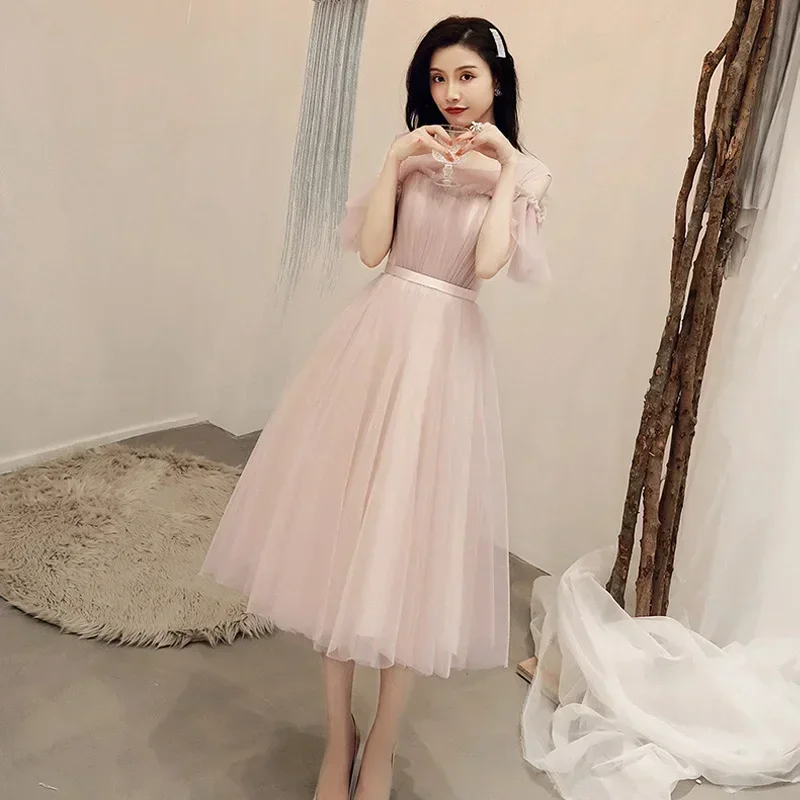 It's Yiiya Bridesmaid Dress Pink Tulle Short Sleeve A-line Vestidos Tea-Length Plus size Woman Party Formal Gown R285