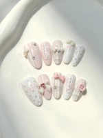 Lot de 10 faux ongles en forme d'amande, style français, avec pois et strass en forme de cœur, ongles à presser doux et délicats, ensemble de nail art à motifs blanc laiteux et gris clair 3