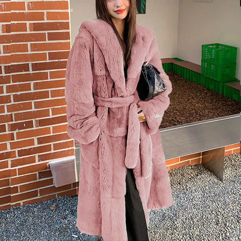 Luxury Brand Winter Long Fur Coat Women Warm Thick Faux Fur Jacket Hooded Chic Long Coat Lace-up Long Sleeve Outerwear New