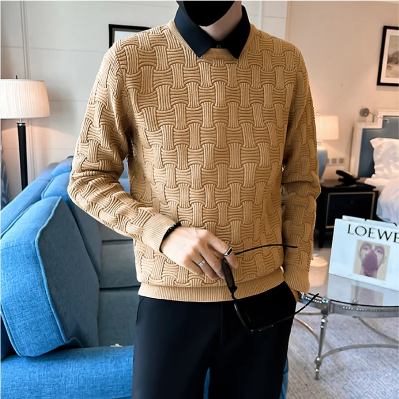 Fake 2 pieces New Fashion plaid Jacquard Shirt Collar Sweater Men's Winter Fashion Korean Edition Casual Thickened Warm Pullover