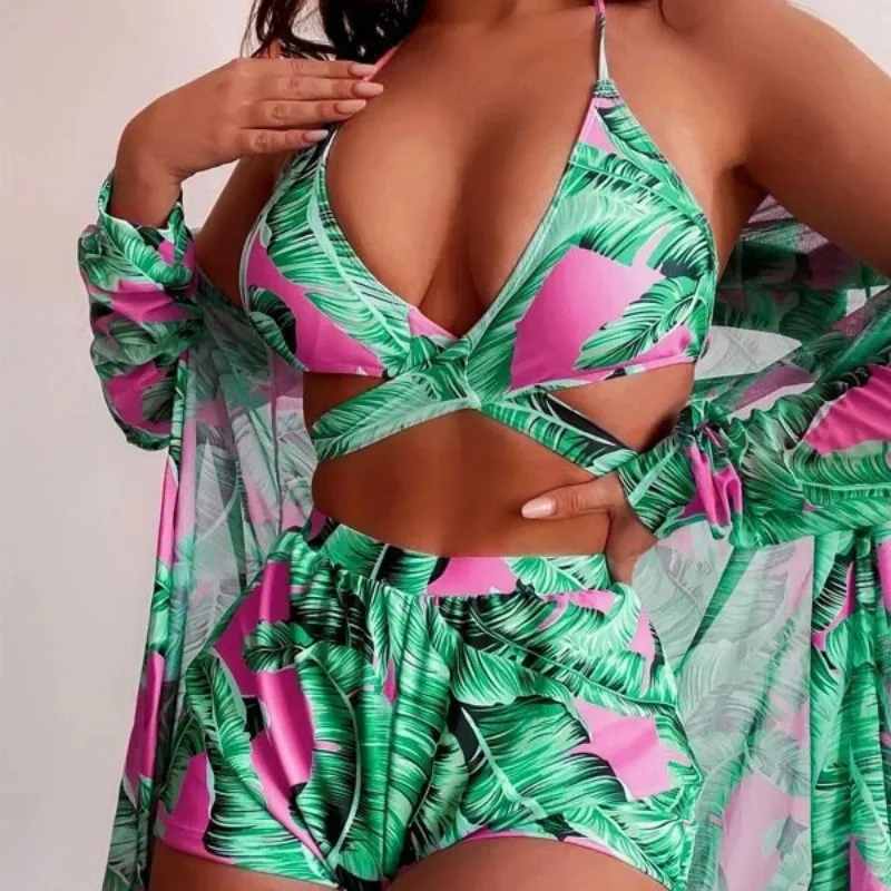 2023 Fashion  New Swimsuit Green Floral Sexy Three-Piece Set Draw Rope Lace-Up Designer Style Bikini Soak In Hot Spring