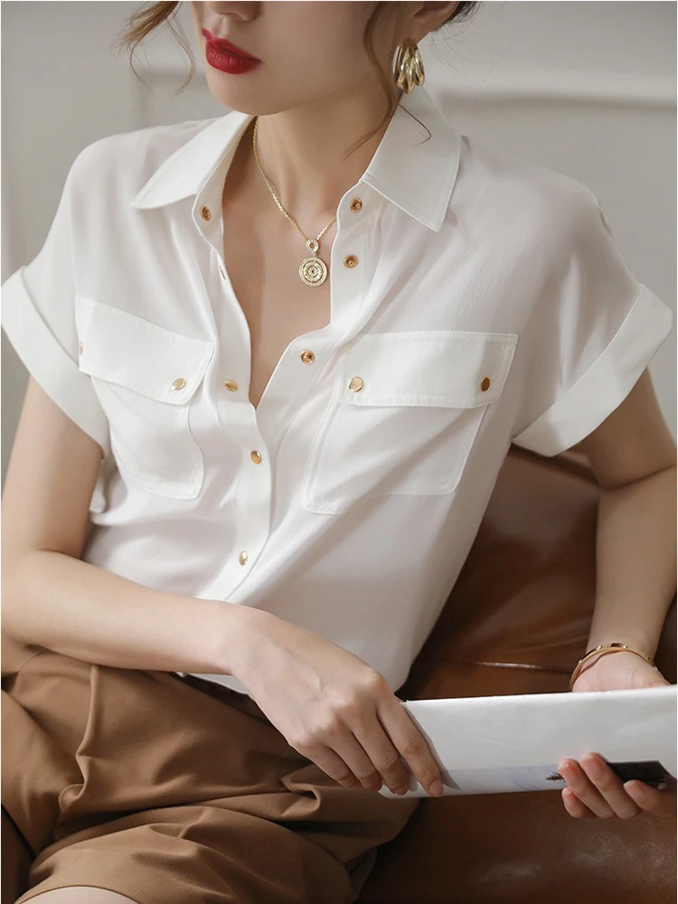 calibre ropa Cadera Blusa de manga corta para mujer, camisa blanca lisa con bolsillos y solapa,  ropa coreana para oficina, verano, 2022 _ - AliExpress Mobile