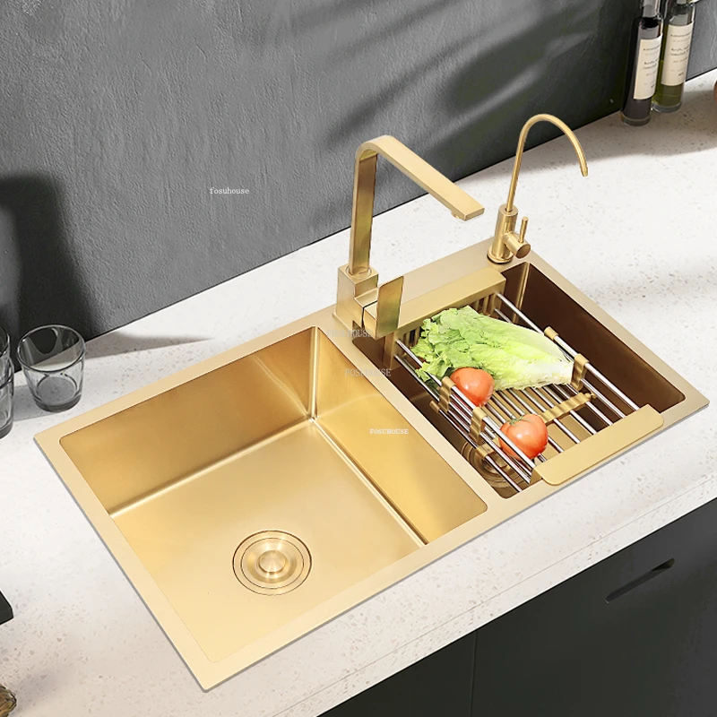 Light Luxury Kitchen Sinks Stainless Steel Home Kitchen Sink Creative Large Gold Nano Sink Handmade Double Accessories