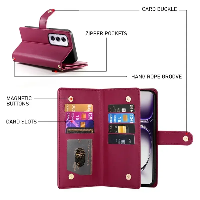 Elegant Leather Zip Wallet Flip Case with 9-Card Holder