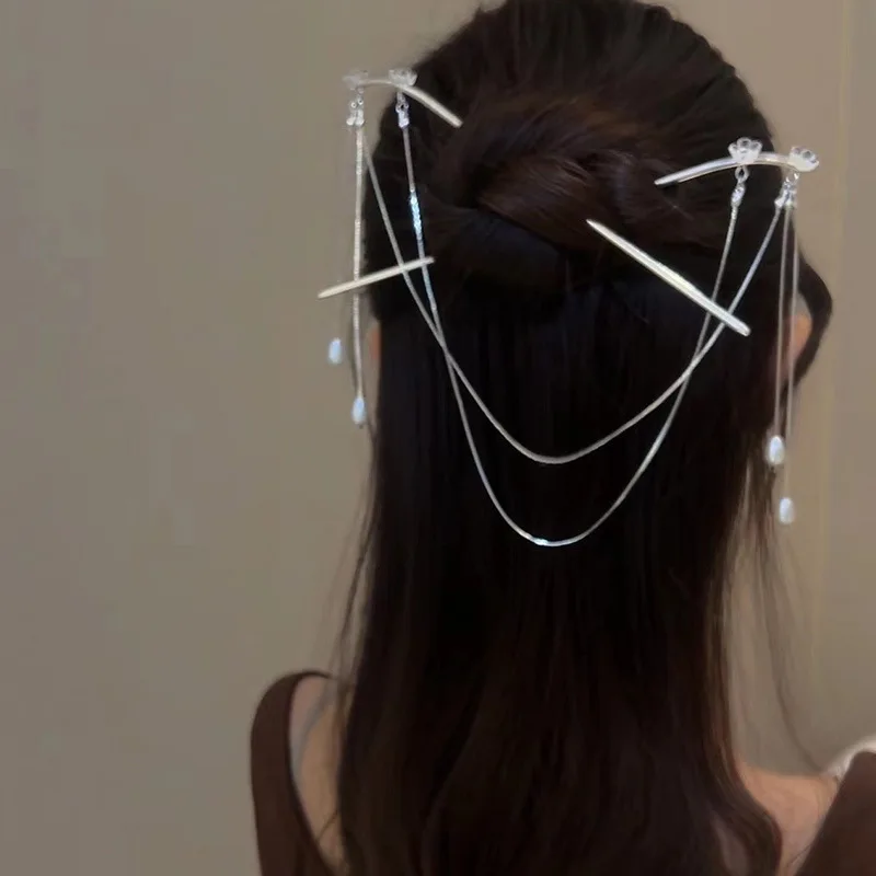 Fermaglio per capelli minimalista, creativo, alla moda e versatile, a doppio filo, con design a nappa, con un accessorio per capelli in stile cinese di alta gamma. - immagine 4