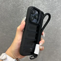 Enhanced Wrist Strap Lanyard Phone Case with Heat Dissipation and Folding Stand - Shockproof Matte Back Cover with Lens Protection for iPhone 14 (Black)