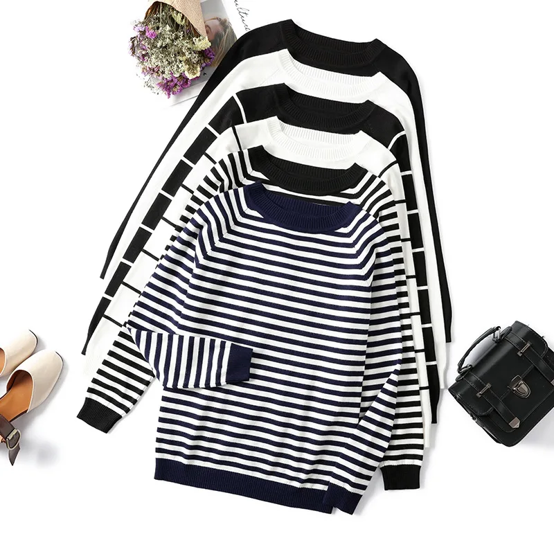 

022 Autumn Winter Long Sleeve Striped Pullover Women Sweater Knitted White Sweaters Female O-Neck Tops Korean Pull Femme Jumper