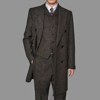 3 pezzi abiti da uomo formale monopetto slim fit a spina di pesce tweed lana stile medio lungo groomsmen (giacca + gilet + pantaloni)