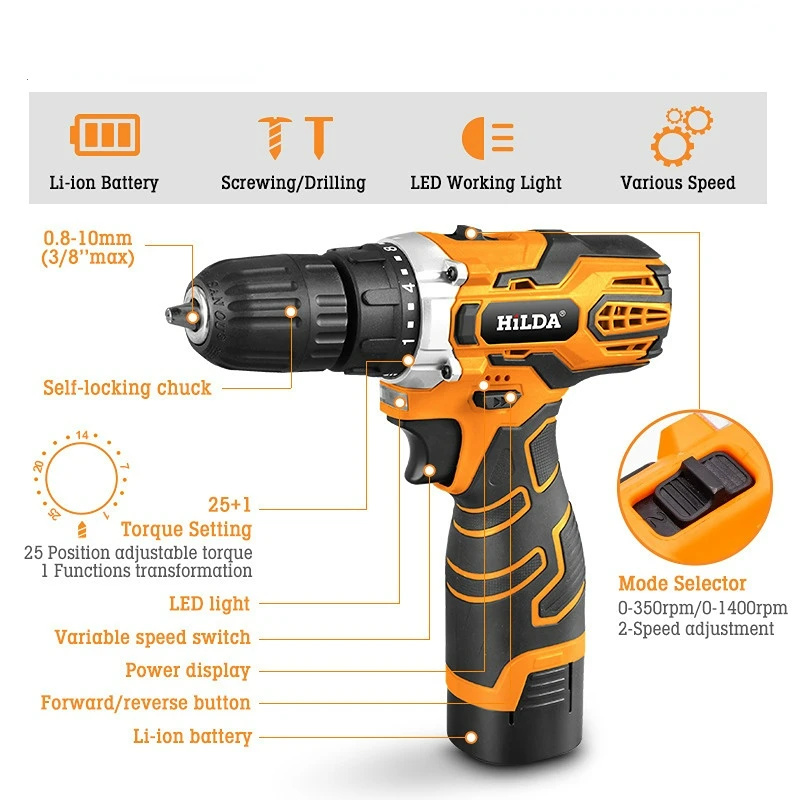 12V 21V Cordless Drill Power Tools Wireless Drills Rechargeable