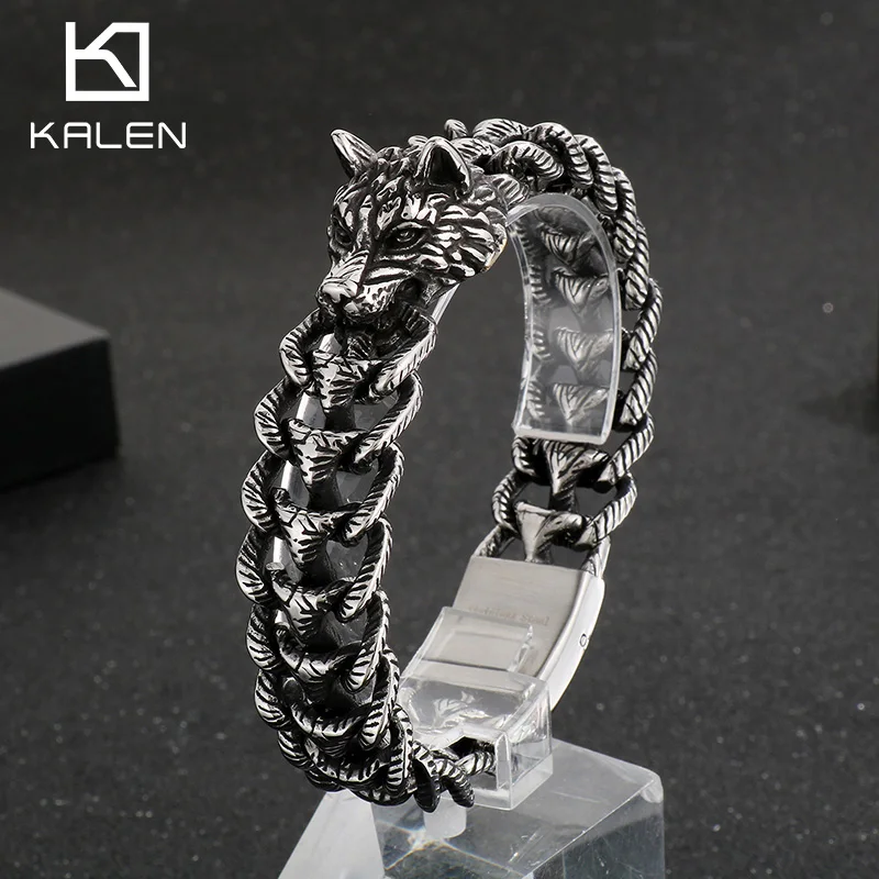 akoK18バングル Cast Wolf Dog Head Bracelet For Men Cool Jewelry - Stainless