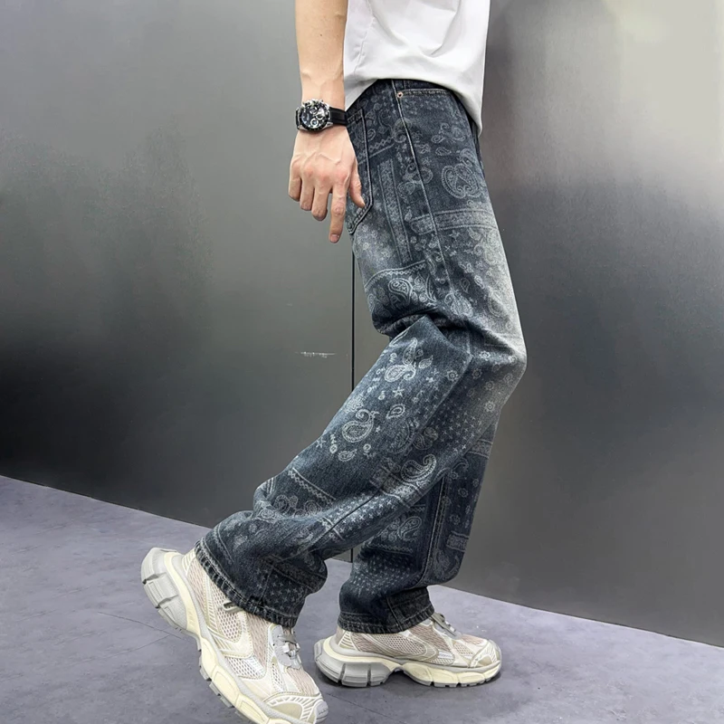spring and summer Non-stretchy 100% Cotton Denim Jeans For Men Loosen Streetwear Ink Sprayed Pants 2024 new product