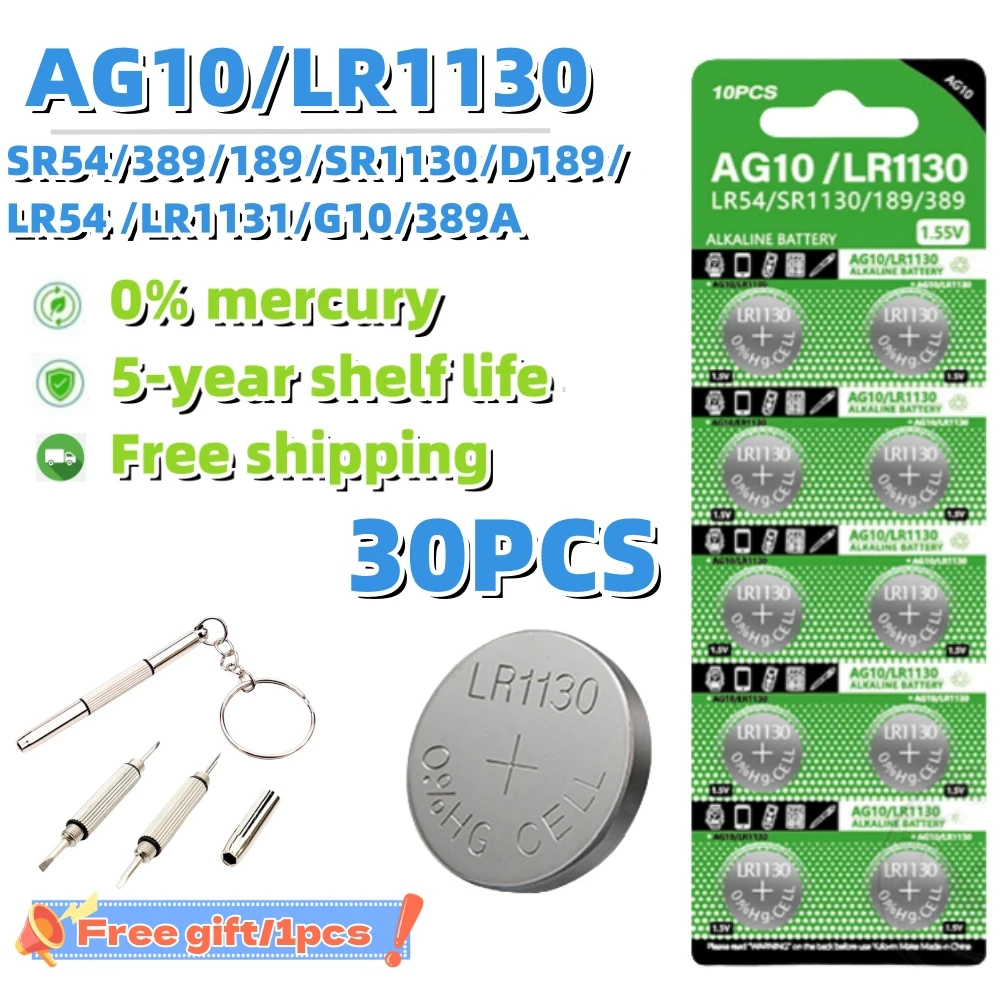 

30PCS 1.55V AG10 LR54 Alkaline Button Batteries SR54 389 189 SR54 389 189 LR1130 SR1130 SR1130SW Cell Coin for Watch Toys Remote