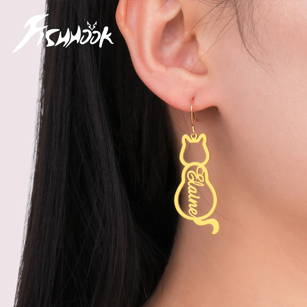 고양이 맞춤 이름 드롭 귀걸이 여성 소녀 어머니를 위한 개인화된 문자 텍스트 선물 금색 스테인리스 금속 보석