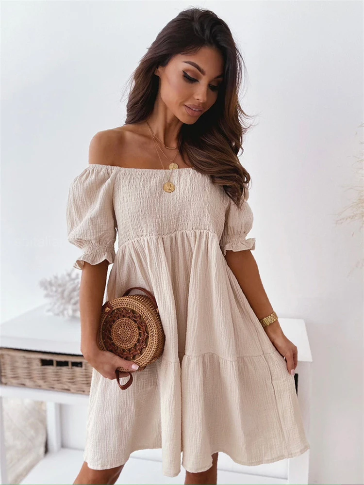 Mini Dress Women Sexy Backless Slash Neck White Dress  Puff Sleeve Big Swing Party Beach Dresses Casual Robe Femme white dresses for women