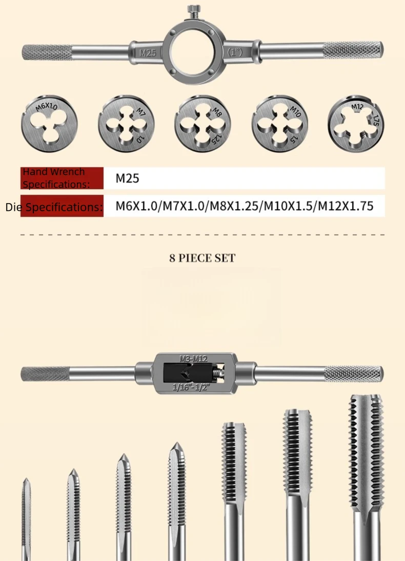 Hand Tap and Die Set with Handle for Thread Repair Rethreading Screws Combination Tool Kit Manual Socket Wrench Thread Repair