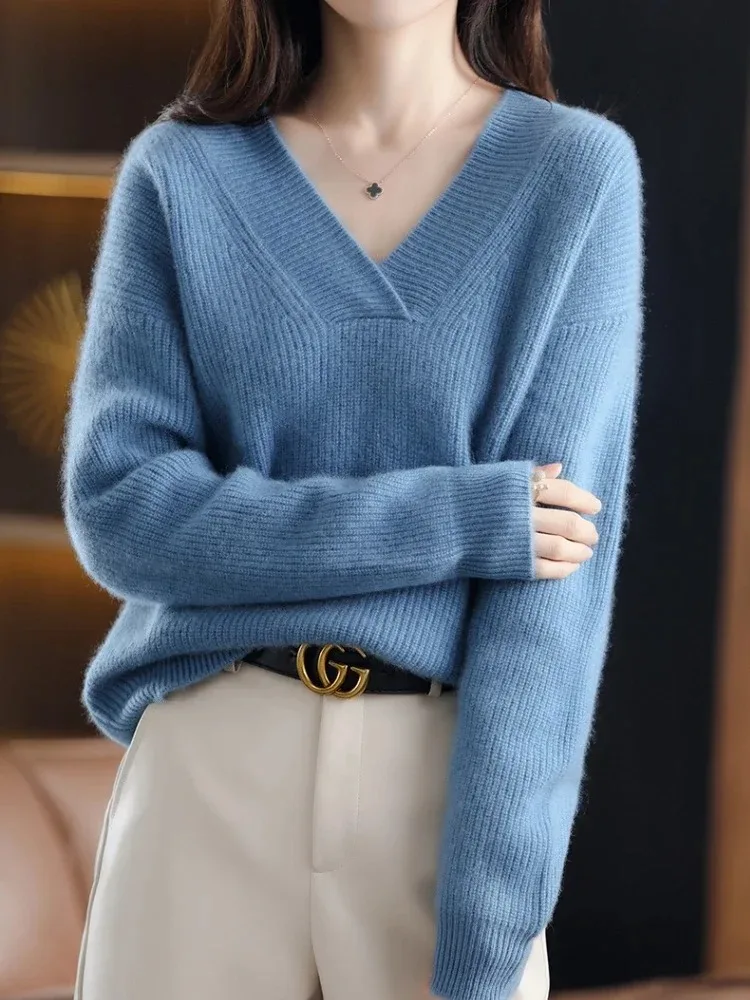Women Long Sleeve Knitted Sweater V Neck Winter Casual