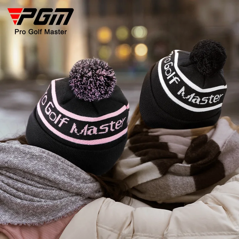 PGM Winter Women Knitted Letter Golf Caps Ladies Keep Warm Coldproof Hats Thicken Beanie Headcover Fur Pompom Plush Sport Cap