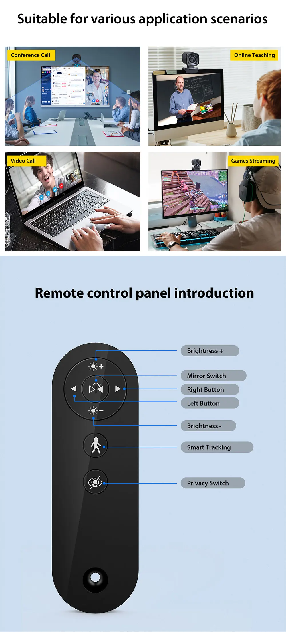 Webcam,caméra de suivi intelligente avec ia Humanoid, USB, avec télécommande, AutoFocus HD 1080P