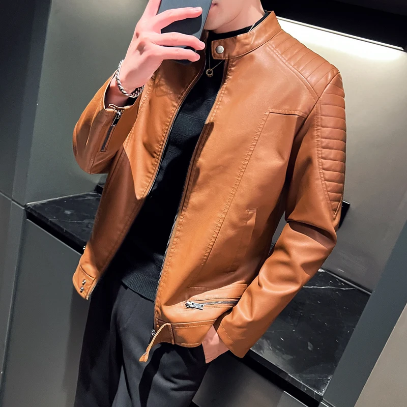 Men Fur Lined Warm Motorcycle Jacket Slim Street Fashion BLack Biker Coat Pleated Design Zipper 2024 Winter Black Leather Jacket