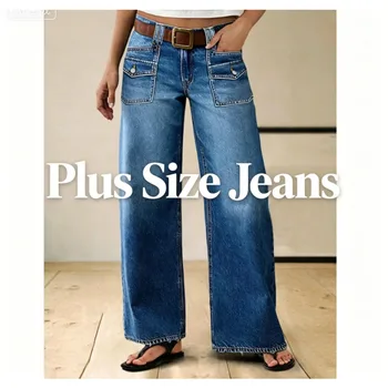 Women's plus Size Denim Jeans Wide Leg Casual Style Simple Versatile Fashionable 2026 New Design with Pocket Feature