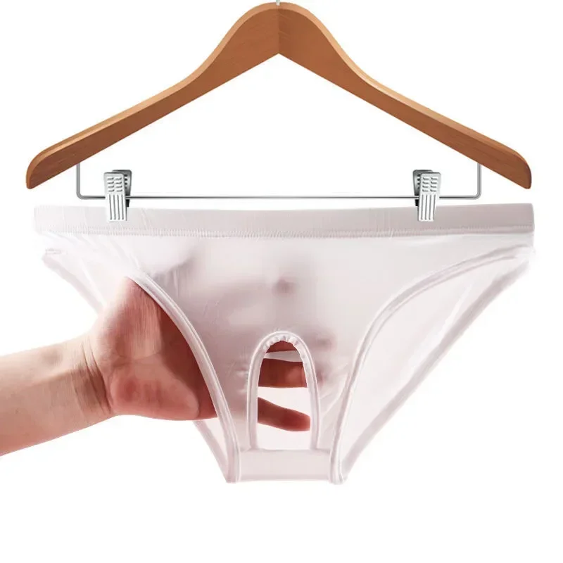 Free Take-off Briefs Men's Exposed Low Waist Sexy Open Crotch Panties Hollow U Convex Transparent Ice Silk Underwear mens underwear