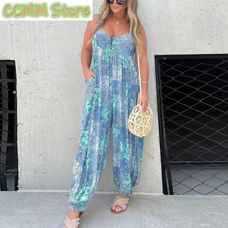 Fashion Casual Holiday Beach Pocket Jumpsuit Women High-Waisted Loose-Print Strap Romper Summer Sleeveless Straight-Leg Overalls