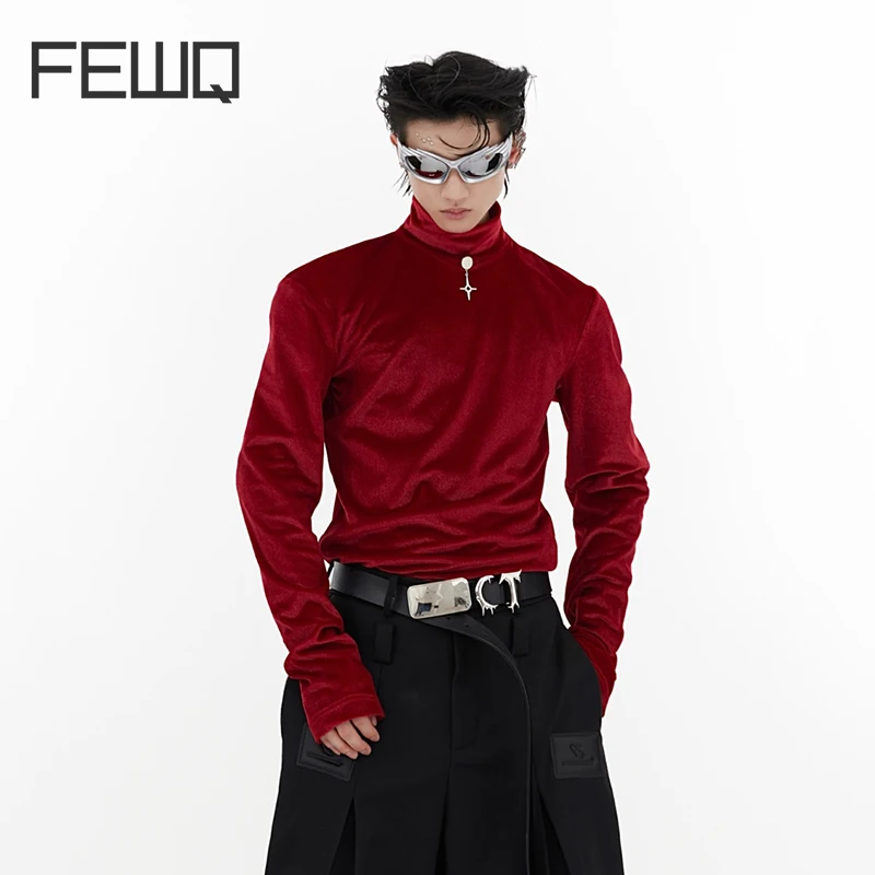 

Мужская облегающая футболка с длинным рукавом FEWQ, нишевой дизайн, футболка с воротником-стойкой, подчеркивающая индивидуальность мужская одежда в стиле панк, новинка 2023, 9C1699