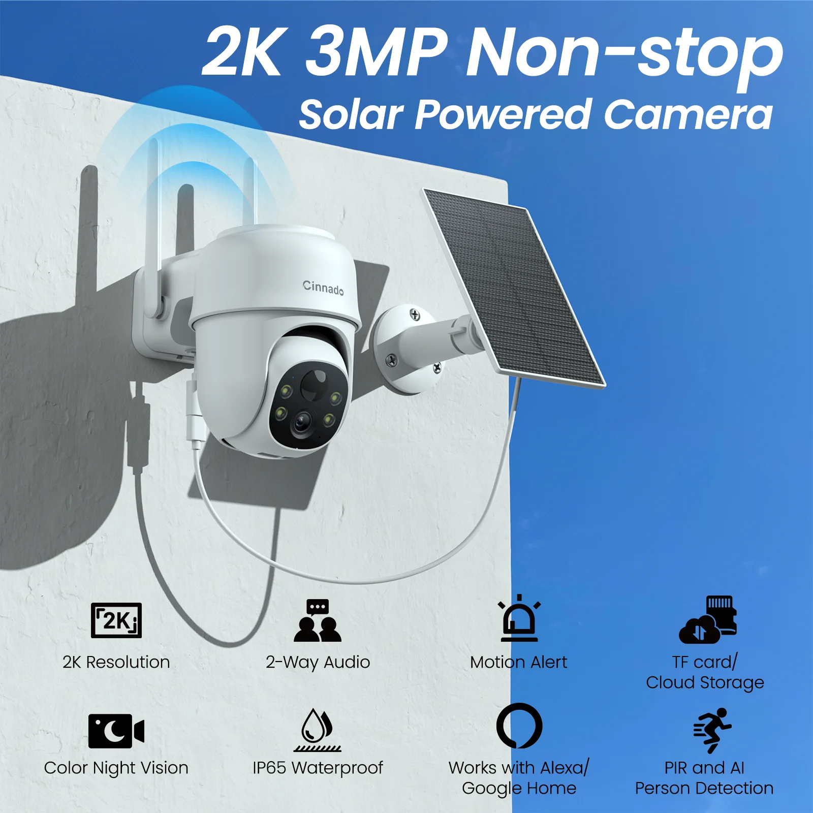 Cinnado 2K Solar/Battery Powered Cameras for 360&deg; Home Security, 2.4G WiFi Outdoor Camera Wireless, Human Detection