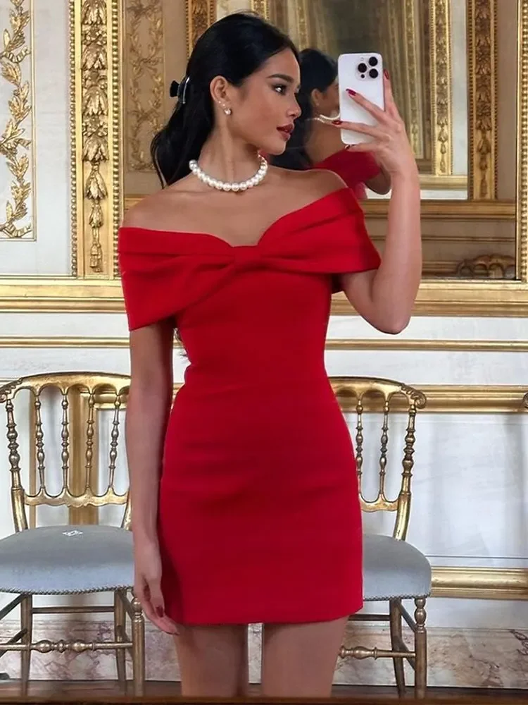 

Fashion Red Bow Strapless Women Mini Dress Sexy Backless Sleeveless Bodycon Dresses 2024 Female Chic New Party Club Robes