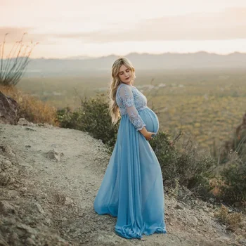 Women Lace Splice Maternity Photography Trailer Long Sleeve Dress   for Photoshoot Pregnancy Evening es