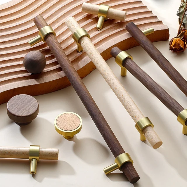 Nouvelles poignées de porte d'armoire en laiton massif et bois de noyer, accessoires de cuisine en bois de hêtre, boutons de tiroir de garde-robe, poignées de meubles 1